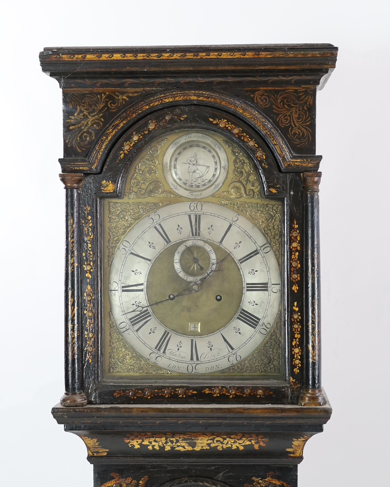 Thomas Clinch of London. A black japanned eight day longcase clock, width 46cm height 218cm